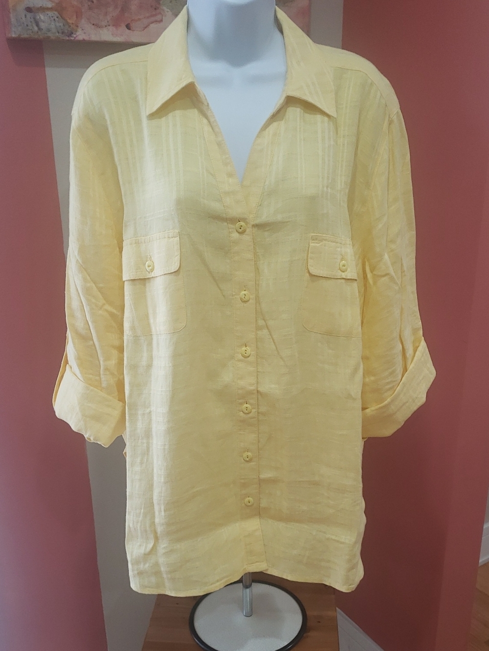 Studio Works Woman 100% Linen Pale Yellow Semi-Sheer Button Front Top, 3X